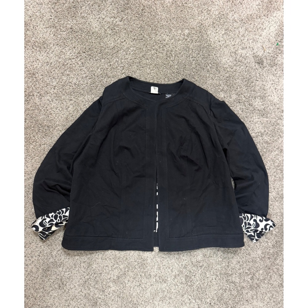 Saks Fifth Avenue Sport Black Open Front Jacket Contrast Floral Cuff Size 14